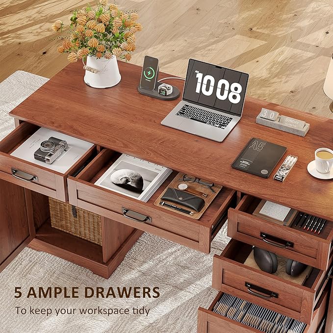 Whalefall 55'' Farmhouse Desk Home Office with Drawers Executive Computer Desk Wooden with File Cabinet and Charging Station Cherry Brown