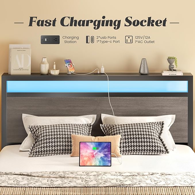 Queen Bed Frame with Headboard &amp Footboard Bed Frame with Built-in Charging Station &amp LED Light Storage Shelf Noise-Free No Box Spring Needed Easy Assembly Rustic Grey