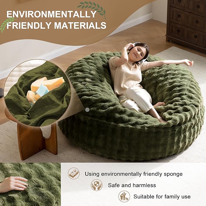Bean Bag Chair for Adults Floor Bean Bags Offers Ample Space for AdultsMemory Foam Giant Bean BagsLounger Versatile Design Suits Any RoomMovie NightsReading (Rabbit Fur Green 6FT)