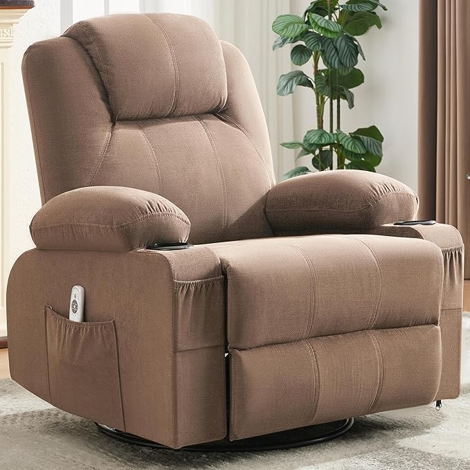 Oversized Swivel Rocker Recliner Chair with Heat and Massage Large Big Recliner Chair for Living Room 360 Degree Swivel Rocking Single Sofa with Cup Holders and USB Port(Fabric Brown)