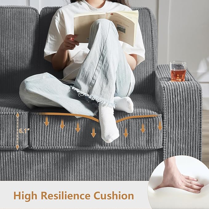 Aoowow 83.86” Modern 3-Seater Sofa Couch Upholstered Corduroy Fabric Couches Comfy Sofas with 2 Cup Holders for Living Room Apartment OfficeGrey-Corduroy