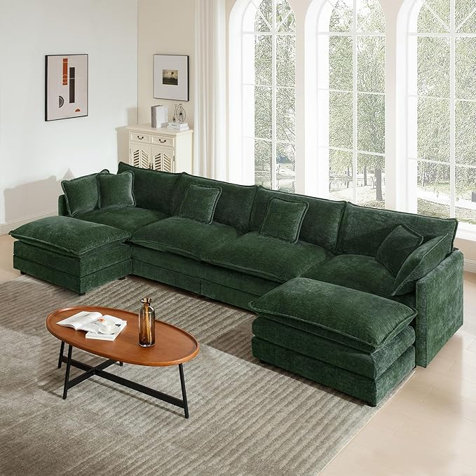 Sectional Sofa 4 Seater with Movable 2 OttomansOversized Modular Couch Deep Seat (Green 146.5 inch-U)