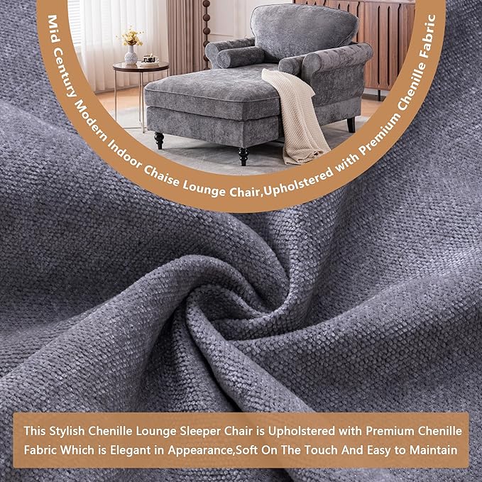 Setawix Chenille Upholstered Chaise Lounger Sleeper Sofa ChairOversized Chaise Lounge Chair Indoor with Rolled ArmsMid Century Modern Lounger Couch for Living Room Bedroom (Dark Grey 43.3 W)