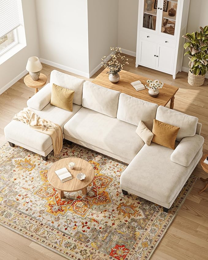 U-Shaped Sectional Couches for Living Room | 112 Inch Modern Sectional Couch | Warm White Chenille Sofa with Double Chaise for Apartment