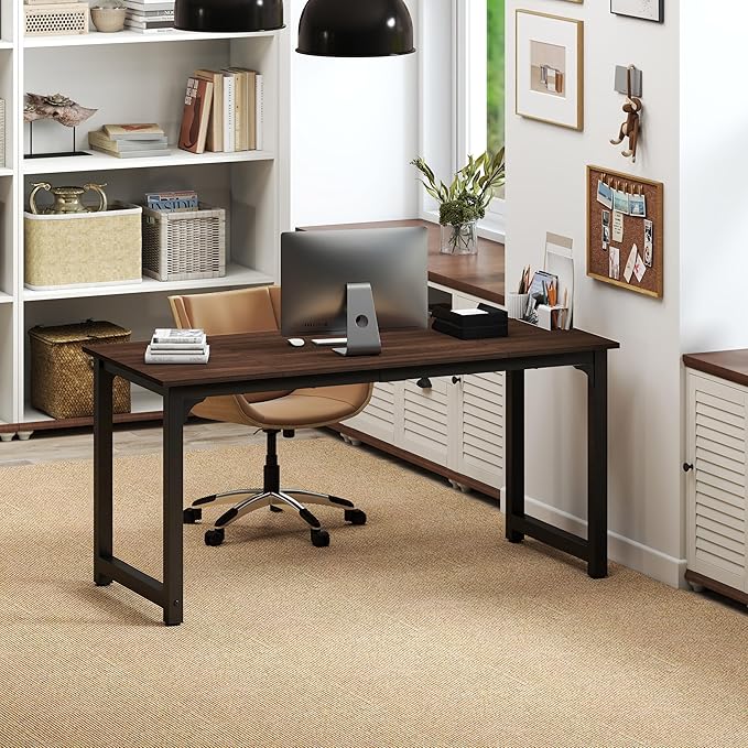 NSdirect Large Office Desk for Home Office Large 63” Computer Desk Table Wide Writing Study Desk for 2 Person Metal Sturdy Frame Thicker Steel Legs Black Chocolate