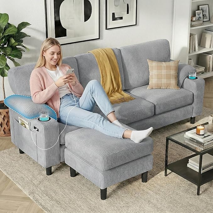 80'' Modular Sectional Sofa 3-Seater L-Shaped Couch with Storage DesignCorduroy Fabric and Movable Ottoman for Living Room Office Apartment LightGray | USB Charging Cup Holders Side Pockets Ar