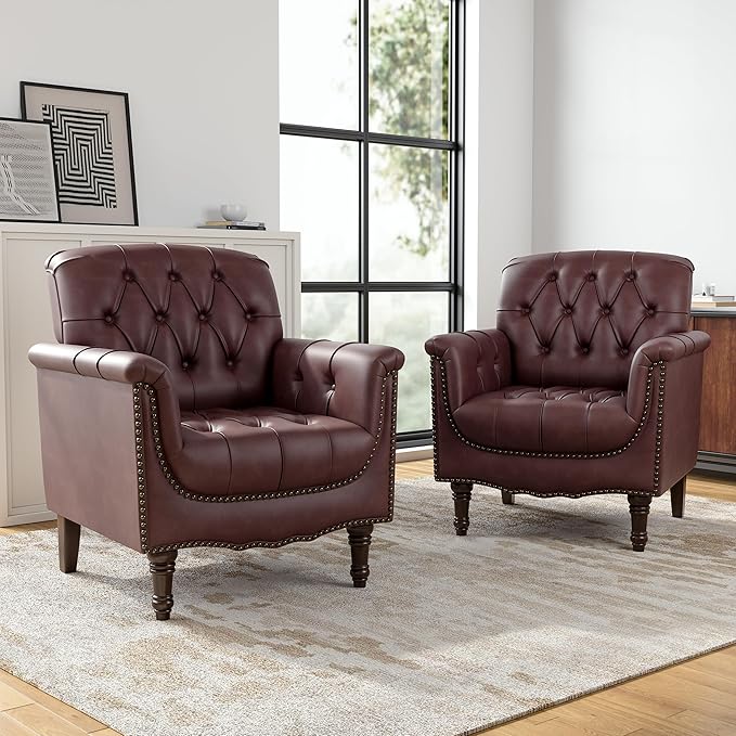 Faux Leather Club Chairs Set of 2 Retro Upholstered Armchair Accent Chair with Solid Wood Legs &amp Nailhead Trim for Living Room/Reading Room Dark Red