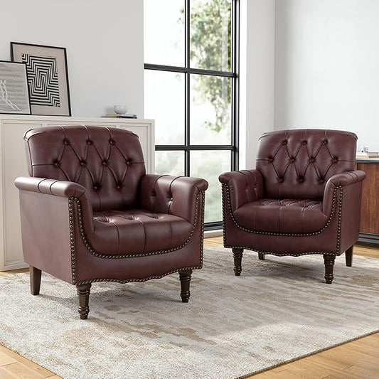 Faux Leather Club Chairs Set of 2 Retro Upholstered Armchair Accent Chair with Solid Wood Legs &amp Nailhead Trim for Living Room/Reading Room Dark Red