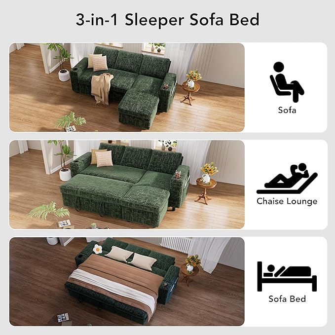 Vipbear Sectional Sleeper Sofa with Pull Out Bed 82 L Shaped Couch Sleeper Sofa with Reclining Backrest/Reversible Storage Chaise/Armrest Storage/Cup Holder/Side Pocket Tool-Free Assembly Green