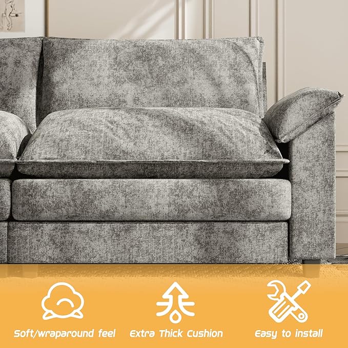 Shahoo Sectional Modular Sofa L Shaped Chenille Fabric Couch with High Supportive &amp Soft Sponges and Removable Ottoman Sleeper Comfy Upholstered Furniture for Living Room Grey