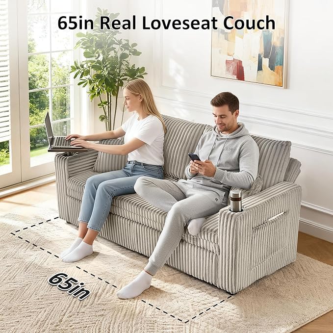 65in Sleeper Sofa Bed Convertible Pull Out Couch with Small Table| USB Port | Cup Holder | Corduroy Fabric | Adjustable Backrest for Apartment Office Bedroom Guest Room (LightGrey)