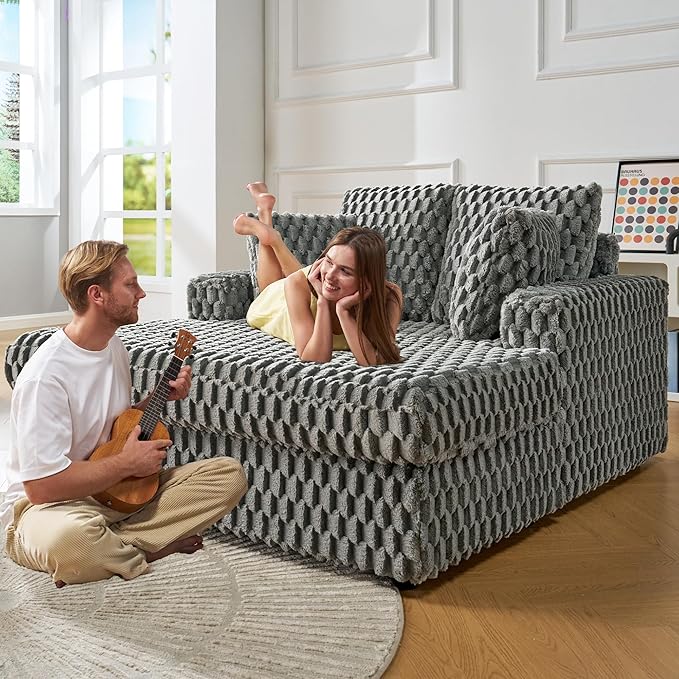 VanAcc 58 Upholstered Chaise Lounge Plush Sleeper Chair Sofa Bed with Throw Pillows &amp Armrests Sleeper for Living Room Ash Grey