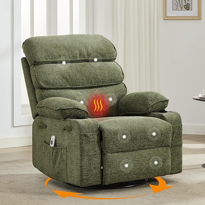 Massage Rocker Recliner with Heating360° Swivel Glider Recliner Chairs for AdultsLinen Nursery Chair with Side PocketTwo Cup Holders for Living Room Bedroom