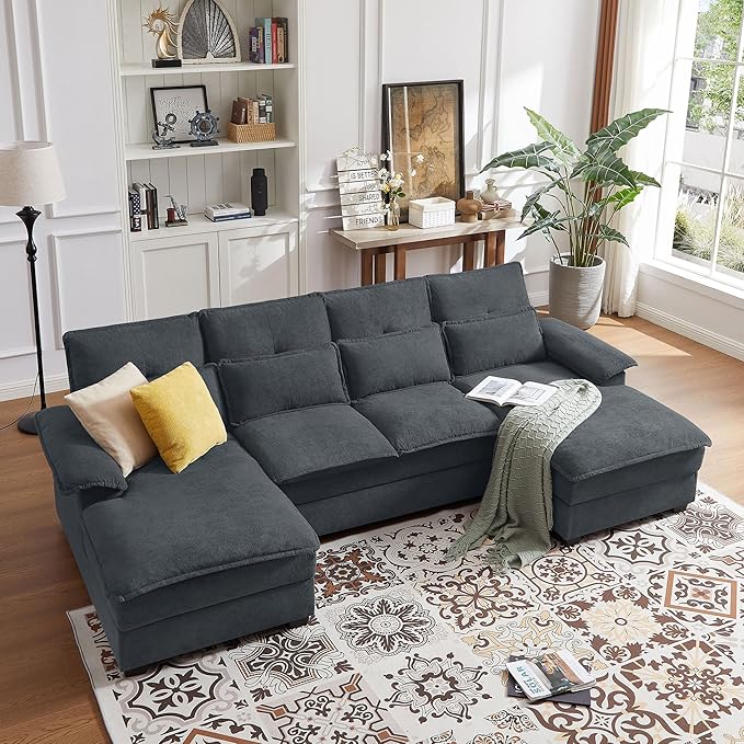 110 Comfy Cloud Couch Sectional Sofa with Lumbar Pillows Modern U-Shaped Cloud Sofa with Double Chaise &amp Deep Seat for Living Room or Office Easy Assembly Dark Grey