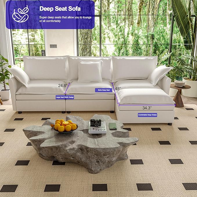 112 Inch Cream White Cloud Sectional Couch - Wide Pillow Edge Chenille Comfy Upholstered 3 Seater Modular Sofa with Ottoman L Shaped Couches for Living Room Apartment Office
