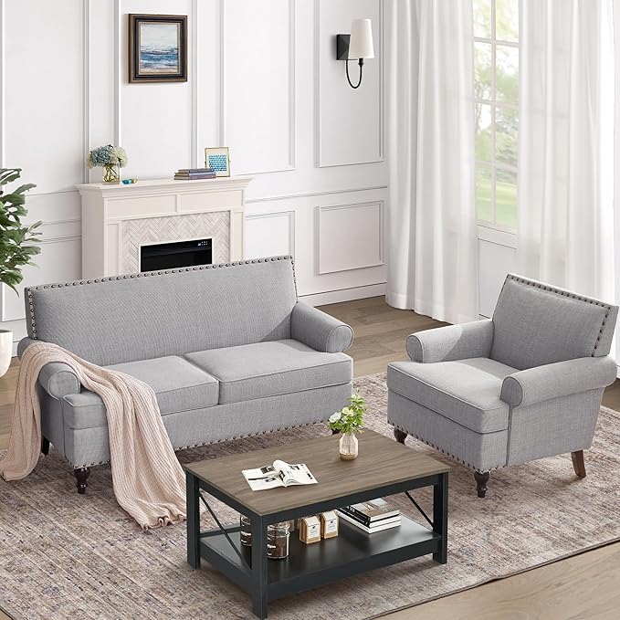 Accent Chair Retro Living Room Chairs with Soft Cushion Mid Century Modern Arm Chair Comfy Upholstered Reading Sofa Chair Grey