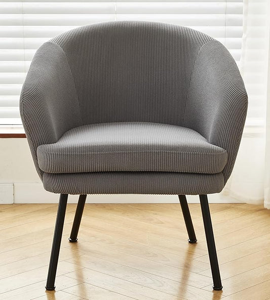 Modern Corduroy Accent Chair with Channel Back Design Black Metal Legs and Soft Upholstery Comfortable Seating for Living Room Bedroom or Office Grey