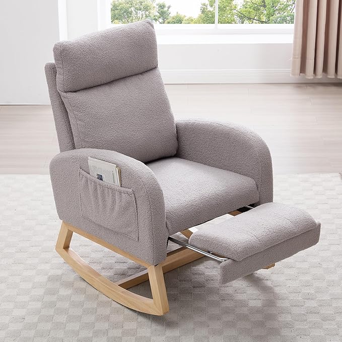Setawix Teddy Rocking Glider Chair for NurseryUpholstered Living Room Rocker Arm ChairLeisure Sherpa Wingback ArmchairMid Century Modern Rocking Accent Chair with Side Pockets (Teddy Grey)