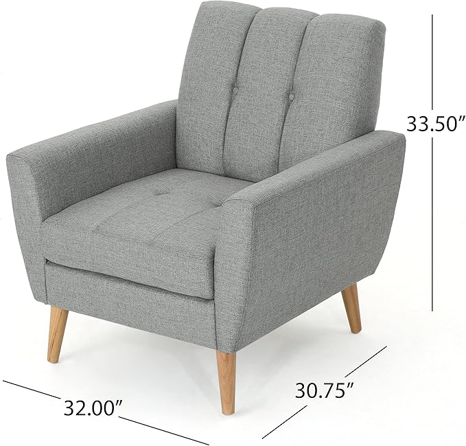 Christopher Knight Home Azjzi Mid-Century Club Chair Button Tufted Back Upholstered Fabric Accent Chair with Rubberwood Legs Living Room Armchair 33.5 High Gray