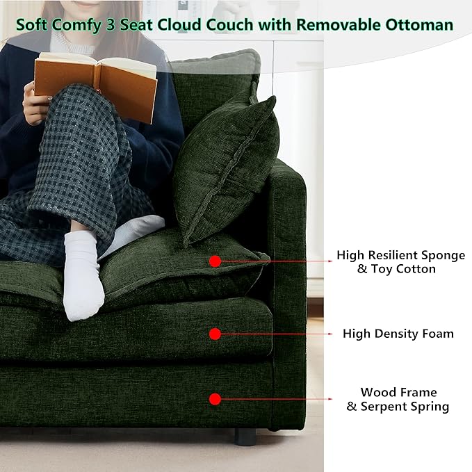 102 L-Shaped Sofa for Living RoomModular Sectional Cloud Sofa Couch with OttomanModern Chenille 3 Seater Sofas with Deep SeatSmall L Shaped Couches for Bedroom