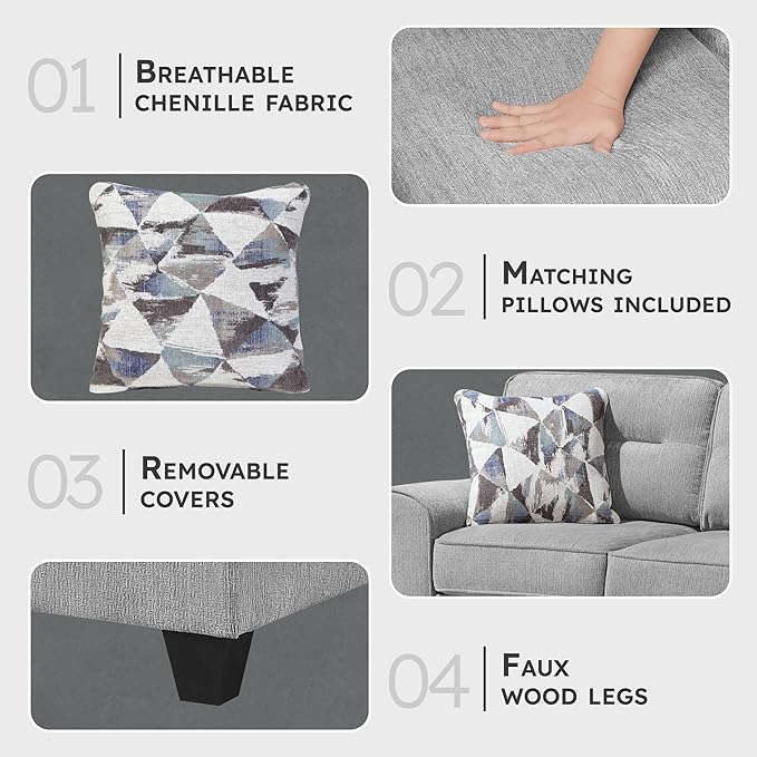 Lexicon Modern Sofa Chenille Sofa 2 Pillows Track Arm Reversible Cushions Removable Cushion Cover Easy Assembly Comfy Couch for Living Room/Office/Reading Spaces Gray