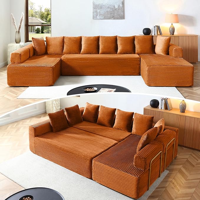 145 Cloud Couch Sectional Modular Sofa with Fixed-Shape Frame and Deep Seat Corduroy U Shaped Boneless Sofas Couch in a Box No Assembly Required Irange Couches for Living Room