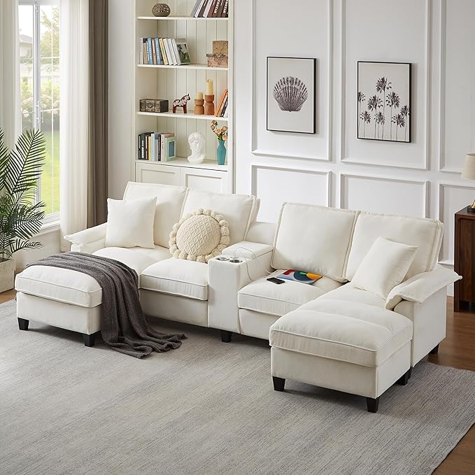 Ball &amp Cast 120 U-Shaped Sectional Couch with 2 Storage Chaise Footrest &amp 2 Throw Pillows4 Seat Corduroy Upholstered Modular Sofa W/2 Cup HoldersUSB Ports &amp Hidden Storage Box for Livin