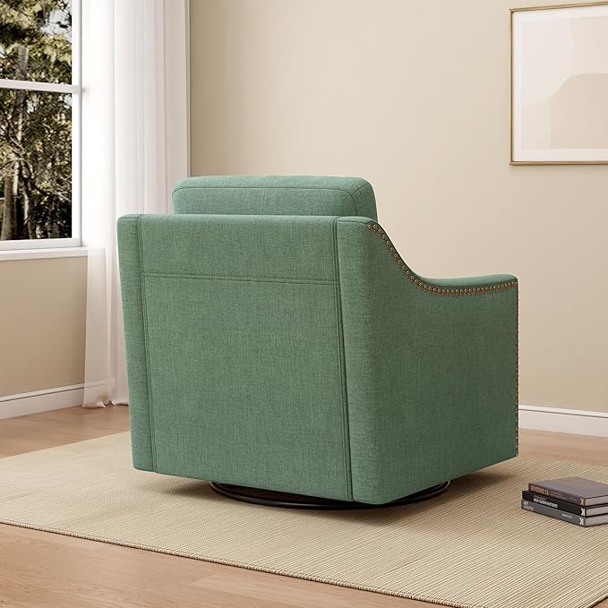 Set of 2 Swivel Accent Chairs for Living Room 360° Swivel Upholstered Club Armchairs with Nailhead Trim Metal Swivel Base Linen-Textured Fabric – Green