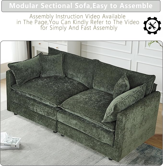 Setawix Chenille Loveseat Sofa Couch with Deep SeatLarge 2 Seater Cloud Couches for Living Room77.16 Roomy Cloud SofasModular Sectional 2 Seat Sofa with Pillows for Bedroom. (Green 2 Seater)