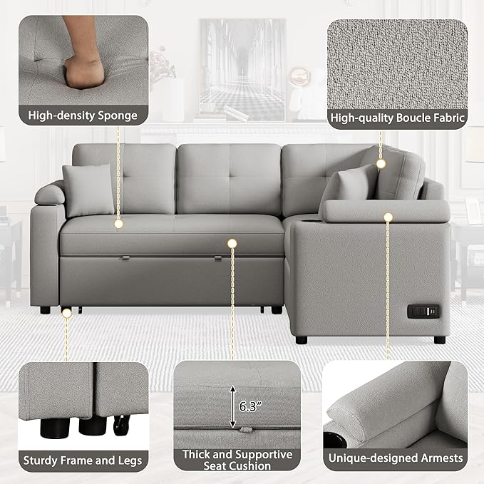 83 L-Shape Sofa Bed Pull-Out Sleeper Sofa with Wheels and Built-in Cup Holders Modern Button Tufted 3 Seater Sectional Corner Couch with Power Sockets for Living Room (Grey-s32)