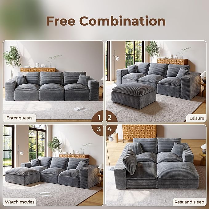 108 Cloud Sectional Couch with L-Shape Chaise Upholstered Couches for Living Room Bedroom Modern Modular Sofa with Deep Seat No Assembly Required Ottoman Movable (Grey)