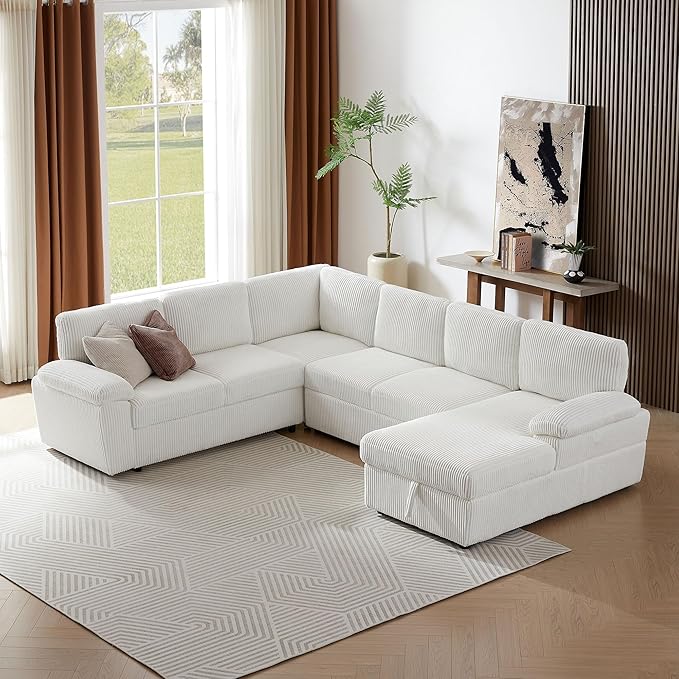 KEIKI 118 L-Shaped Oversized Modular Corduroy Sectional Sofa with Right Chaise Lounge Pull-Out Bed Upholstered Convertible 4-Seater Couch with Storage Seat Easy Assembly for Living Room Beige