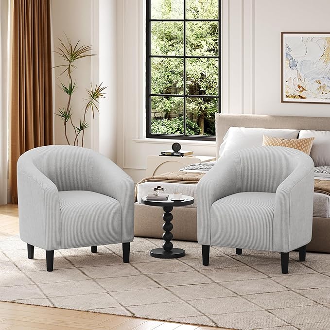 Yaheetech Accent Barrel Chair Corduroy Fabric Club Chair Furry Sherpa Elegant Armchair with Cozy Soft Padded for Living Room Bedroom Reception Room Office Set of 2 Light Gray