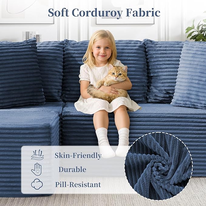 80 Cloud Modular Sectional Sofa with L-Shaped Boneless Couches for Living Room Fluffy Comfy Corduroy Deep Seat with Ottoman Bedroom Apartment No Assembly Required