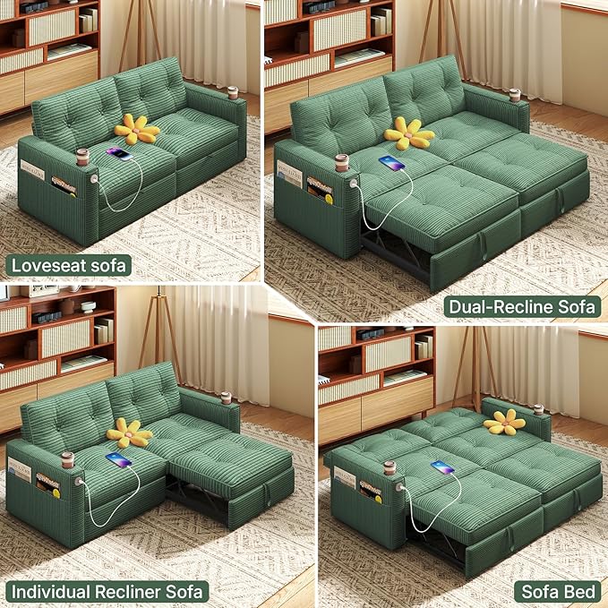 Rovibek 73.2 Convertible Sofa Bed Pull Out Couch with USB Charging Port &amp Cup Holders Adjustable Backrest Side Pockets Modern Corduroy Sleeper Sofa for Living Room Bedroom Apartment Green