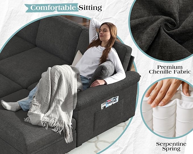 VanAcc 105 Sofa Bed Sectional Sleeper Sofa with Pull Out Bed/Reclining Backrest Sleeper Couch Bed with Storage 6 Seater Couch Bed for Living Room Chenille Dark Gray