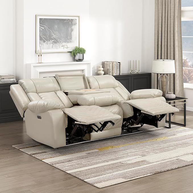 Lexicon Wall Hugger Power Double Reclining Sofa with Center Drop-Down Table Faux Leather Home Theater Seating with LED Lighting/USB Charging Ports/Wireless Charger/Cup Holders Magazine Pocket Beige
