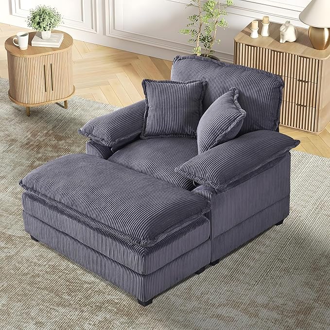 TTK Oversized Chaise Lounge Chair with Ottoman - 39.17 Wide Modern Sleeper Sofa for Living Room Bedroom &amp Office - Deep Seat Sectional Couch with Pillow Comfortable Reading ChairGray