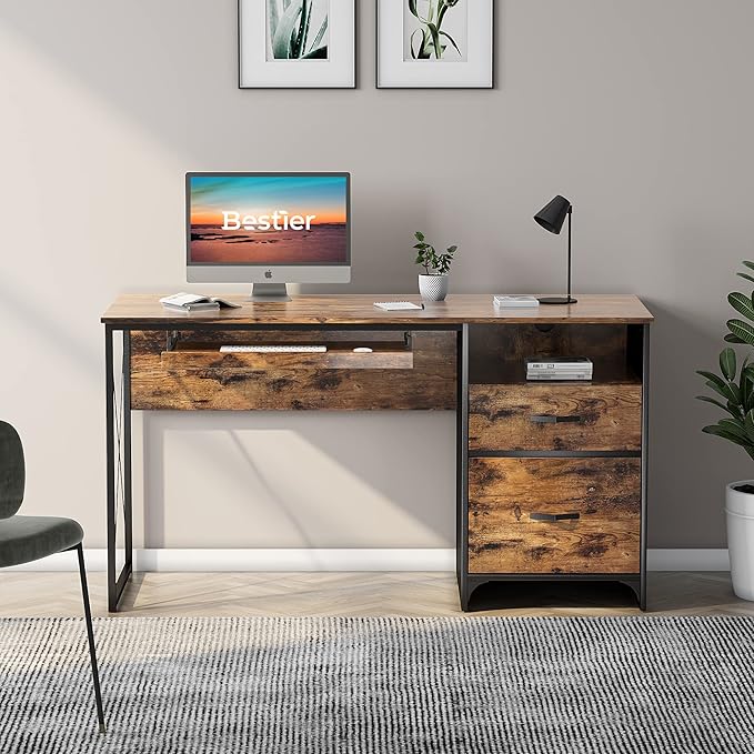 Bestier Office Desk with Drawers 55 inch Industrial Computer Desk with Storage Wood Teacher Desk with Keyboard Tray &amp File Drawer for Home Office Rustic Brown