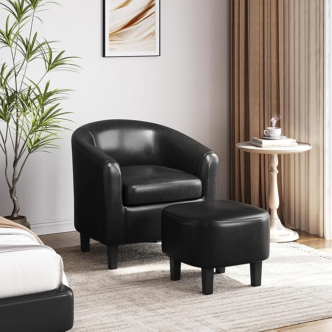 Yaheetech Accent Chair with Ottoman Set Modern Faux Leather Upholstered Soft Barrel Chair and Footrest Club Armchair and Footstool for Living Room/Bedroom/Reading Room/Guest Room Black