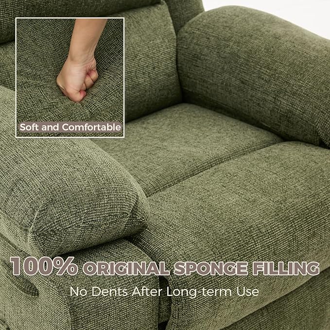 Swivel Rocker Recliner Chair for Adults with Massage and Heat Oversized Linen Fabric Glider Nursery Chair with Deep Seat High Backrest Upholstered Single Sofa for Living RoomGreen