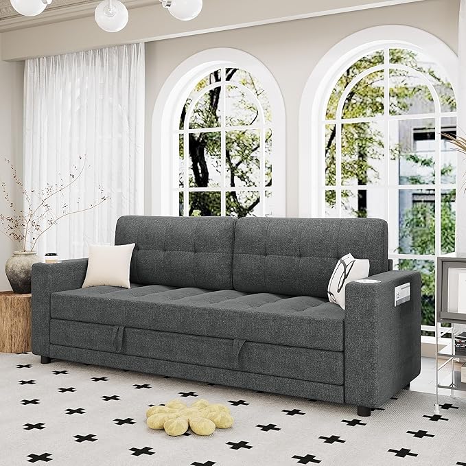 Upgraded Queen Size Futon Sofa Bed 83 Thick Upholstery Loveseat Sleeper Sofa Pull Out Couch Convertible Floor Couch for Bedroom/Living Room/Entertainment Room (Dark Grey)