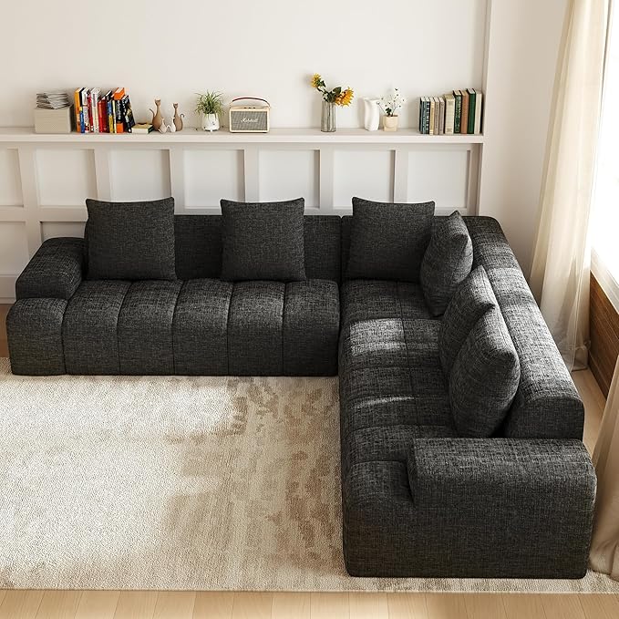 Cloud Modular Sectional Sofa Couch 108 V Shaped Chenille Fabric Memory Foam Sofa 5 Seater with 6 Pillows Firm Cushions for Living Room ApartmentBlack