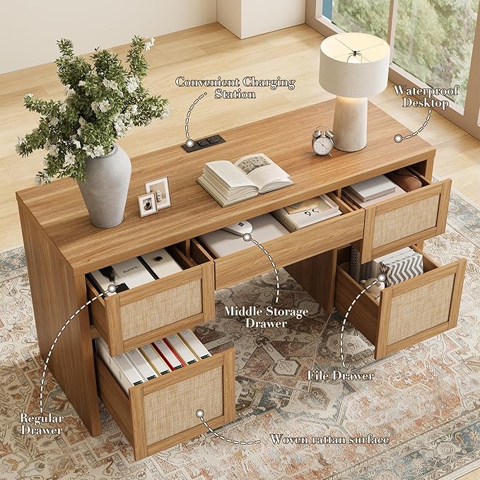 Yechen Executive Desk with 5 Drawers 57 Modern Rattan Home Office Desk with Charging Station File Drawer Farmhouse Boho Computer Writing Desk for Study Work Walnut Brown