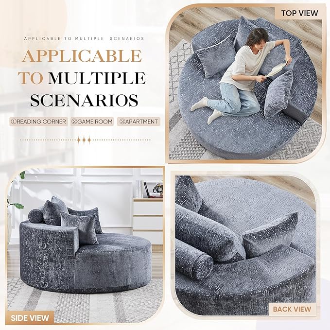 Modern Round Accent Sofa Chair for Living Room Upholstered Chenille Barrel Lounge Arm Chair with Large seat&ampThrow Pillows for Bedroom Office Apartment Grey