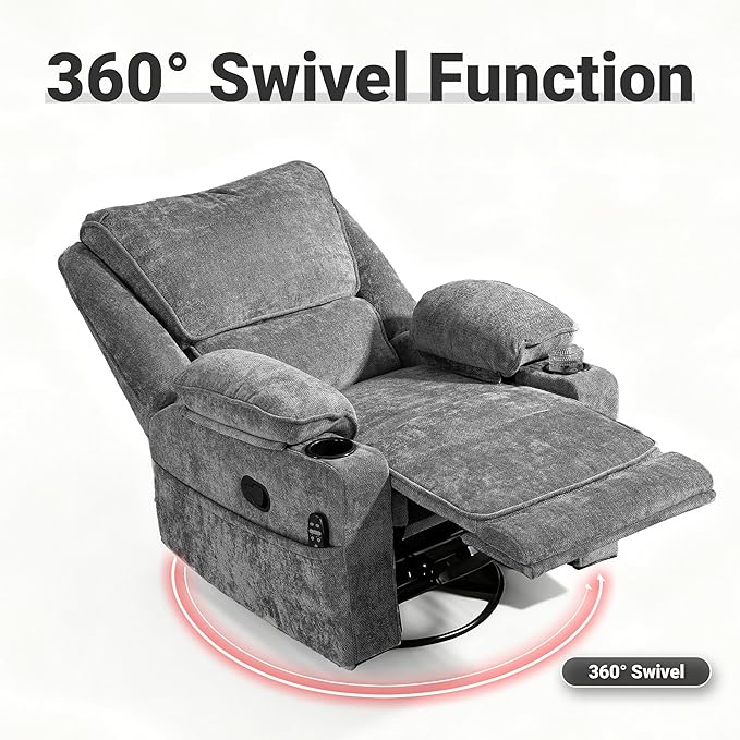360° Swivel Rocking Recliner Multi-Functional Chair with Heating Massage Functions Equipped with Remote Control Cup Holder Suitable for Living Room &amp Bedroom Use Chenille Fabric