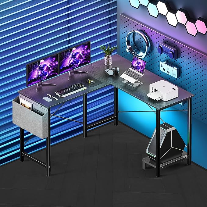 L Shaped Desk Gaming Computer 50 Inch Reversible Corner Table PC for Writing Study Student with Wood Tabletop Metal Frame CPU Stand Side Bag for Home Office Small Place Black