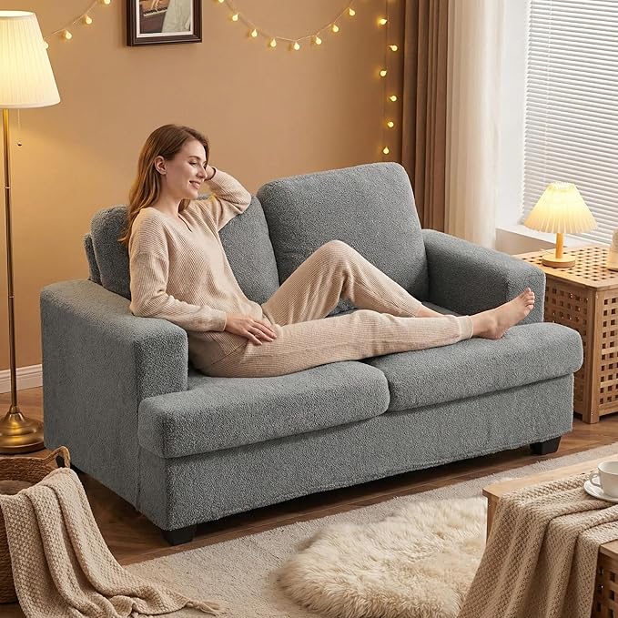 Furnimart 63 Loveseat Couch Modern Deep Seat Sofa for Living Room Comfy Love Seat Couches for Small Spaces Removable Sofa Cover Small Two Seater Couch for Bedroom Office Faux Fur Dark Grey