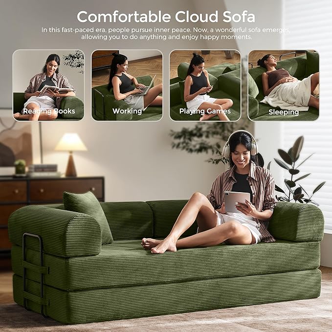 79 Convertible Sofa Bed with Fixed-Shape Frame &amp Removable Armrests Modular Corduroy Sleeper Sofa Folding Mattress Couch for Small Spaces - No Assembly Needed in Green (Includes 2 Pillows)