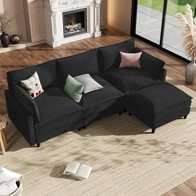 Apicizon 108 Cloud Couch Sectional L Shaped Cloud Sofa with Side Storage Pocket Modern Corduroy Sofa Set for Living Room Office Black